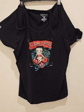 Betty Boop Black Tee with Red and Blue Graphic, Shoulder Detail Not Showing Well